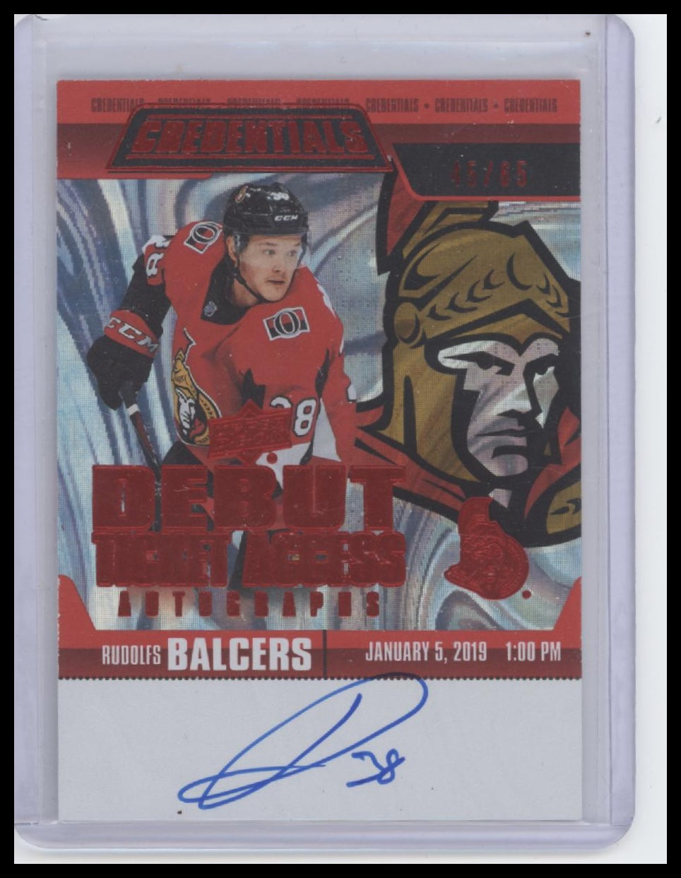 #RTAA-RB Rudolfs Balcers 19-20 UD Credentials Debut Ticket Access Autos Red #/65